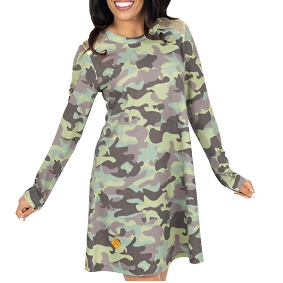 Simply Southern | Camo Green Turtles & Gold Sequin Sweater Dress, Size S (4-6) - Picture 1 of 9